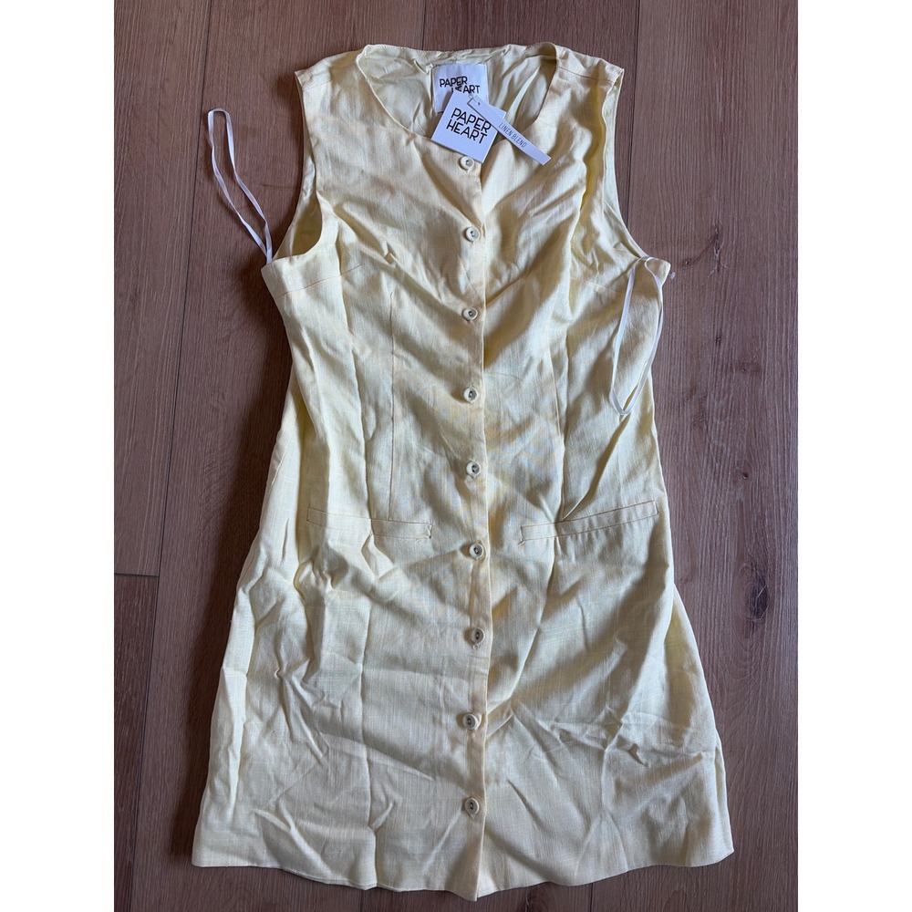 Paper Heart butter Yellow Linen Blend Button Front Mini Dress size Medium
